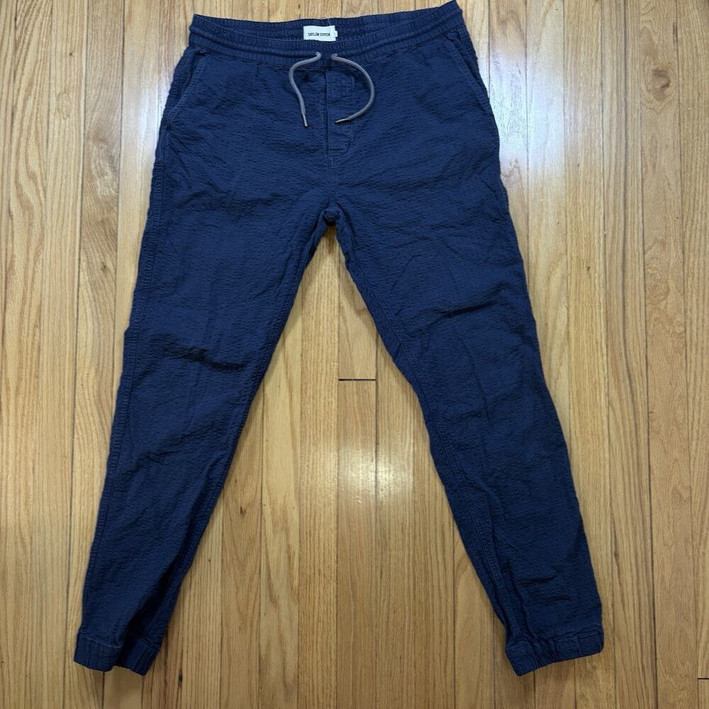 Taylor Stitch Apres Pants Men Size Large Seersucker Navy Blue Pull On Joggers
